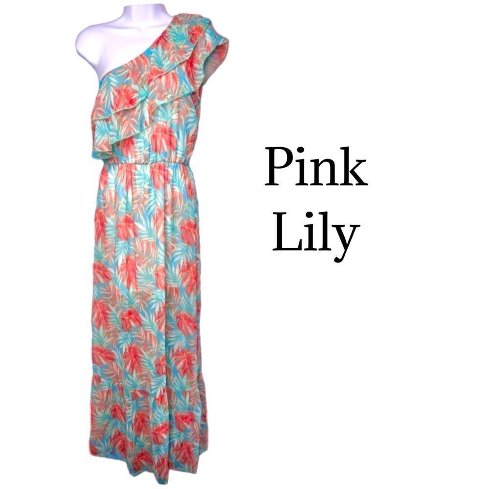 PINK LILY One Shoulder Maxi Dress in Teal Green/Orange Palm Print Sz S EUC